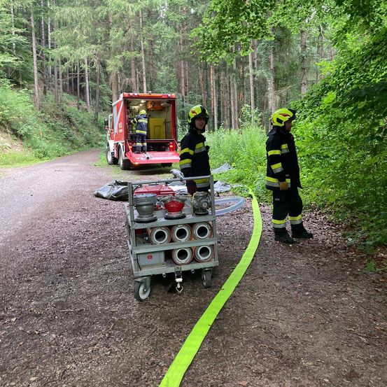 Zwei Feuerwehrleute in gelben und schwarzen Uniformen stehen auf einem Schotterweg im Wald. Ein Feuerwehrauto ist links geparkt. In der Nähe liegt ein Schlauch auf dem Boden, und ein rollender Wagen mit Feuerlöschern ist positioniert.