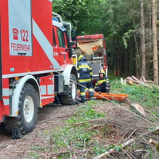 Ein Feuerwehrauto mit der Nummer 122 ist in einem Wald geparkt, wo zwei Feuerwehrleute eine Person auf einer Trage versorgen.