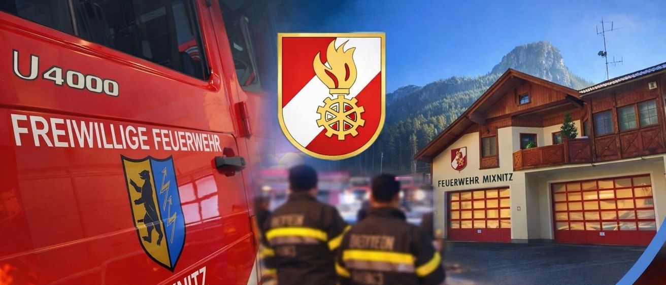 Ein roter Feuerwehrwagen mit 'Polizei Feuerwehr' darauf geschrieben. Zwei Feuerwehrleute stehen vor einer Feuerwache mit einem Logo und einem Bärenemblem. Unten stehen die Worte 'TEN. LÖSCHEN. BERGEN. SCHUE'.