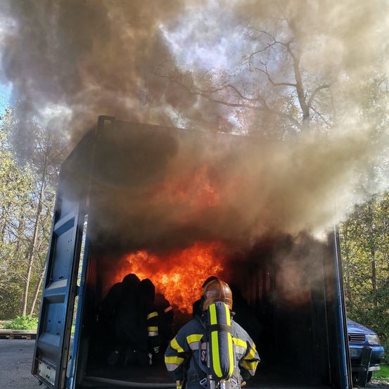 Feuerwehrleute bekämpfen ein Feuer in einem Container, mit lodernden Flammen und aufsteigendem Rauch. Bäume und ein Auto sind im Hintergrund zu sehen.