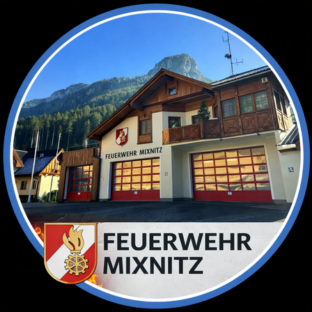 Das Bild zeigt die Feuerwehr Mixnitz mit einem Berg im Hintergrund, mit dem Logo und Wappen des Gebäudes, roten Türen und Fenstern, die den Himmel widerspiegeln.