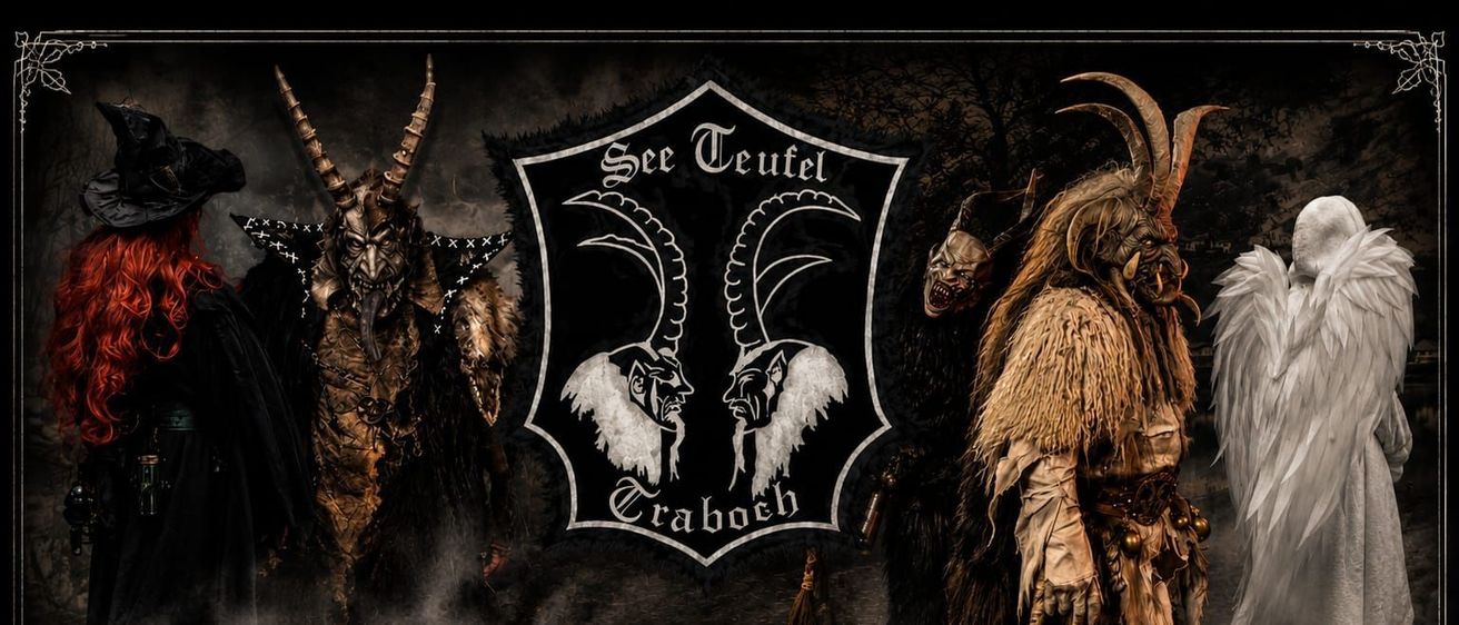 Bild von gehörnten Figuren mit einem Wappen, das See Teufel Erabch zeigt, vor einem dunklen Hintergrund mit Rauch. Unten steht Tradition Brauchtum Gemeinschaft.