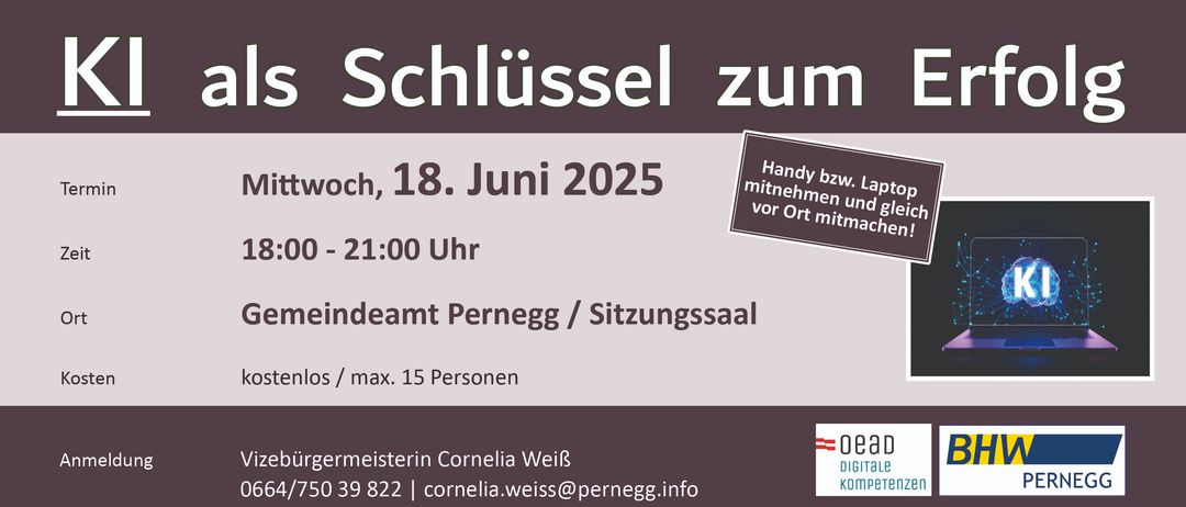 Eine Anzeige für einen Schlosserservice, geplant für Montag, 18. Juni 2025, in Pernegg/Sitzungssaal, mit maximal 15 Teilnehmern. Kontaktieren Sie Cornelia Weiß unter 39 822 oder cornelia.weiss@pernegg.info.