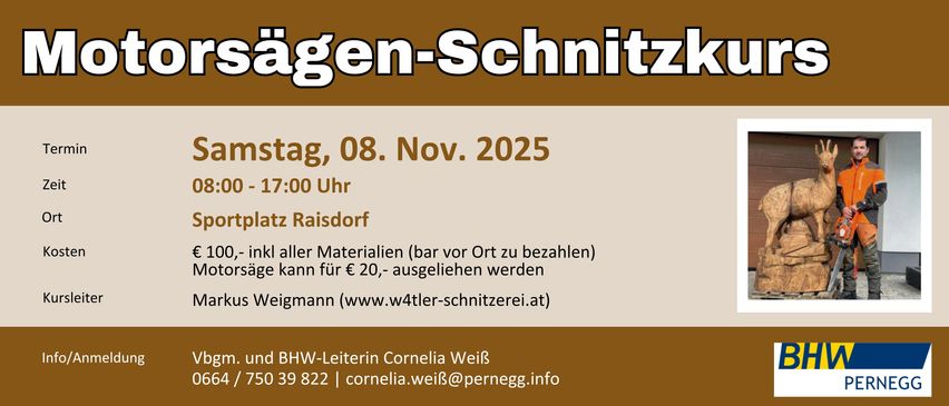 Ein Flyer für einen Workshop in Raisdorf am 08. November 2025 um 17:00 Uhr. Materialien sind vor Ort zu bezahlen. Kontaktieren Sie Cornelia Weiß unter cornelia.weiß@pernegg.info oder 0 39 822.