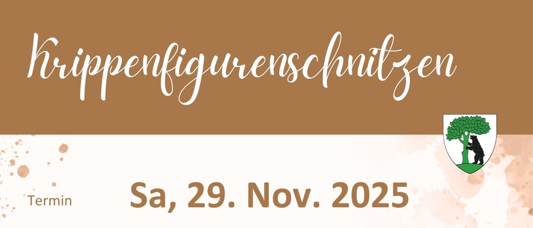 Werbeposter für einen Holzschnitzkurs. Datum: Sa, 29. Nov. 2025. Zeit: 08:00-17:00 Uhr. Ort: Gasthaus Schillinger. Veranstalter: Adolf Tetik. Kosten: 70 €. Teilnehmer schnitzen eine kleine Holzfigur.