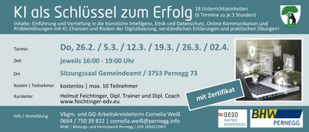 Ein Werbeplakat für eine Workshop-Reihe zu künstlicher Intelligenz, Ethik, Datenschutz und digitalen Risiken. Termine und Zeiten sind aufgeführt. Veranstaltet von Cornelia Weiß, Kontaktinformationen sind angegeben.