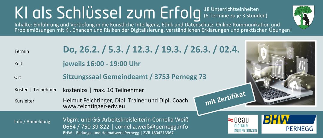Ein Werbeplakat für eine Workshop-Reihe zu künstlicher Intelligenz, Ethik, Datenschutz und digitalen Risiken. Termine und Zeiten sind aufgeführt. Veranstaltet von Cornelia Weiß, Kontaktinformationen sind angegeben.