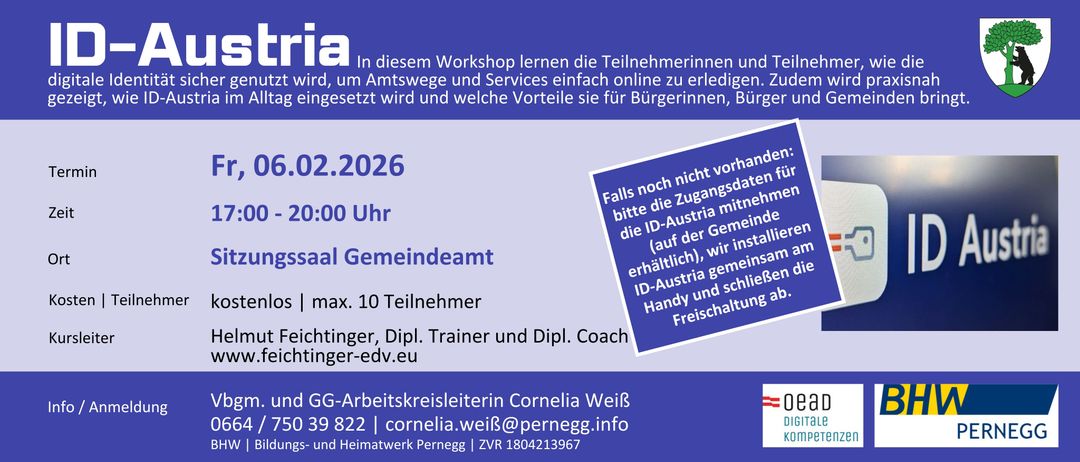 Workshop-Flyer mit blauem Hintergrund, der für eine Sitzung am 02.2026 um 00:00 wirbt. Es enthält Informationen zu maximal 10 Teilnehmern. Kontaktdaten und Website sind angegeben.