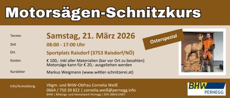 Werbeplakat für die 'Wagen-Schnitz'-Veranstaltung am 21. März 2026. Ort: Raisdorf, 17:00 Uhr. Materialien vor Ort zu bezahlen. Kontakt: Cornelia Weiß. Telefon: 0 39 822. E-Mail: cornelia.weiß@pernegg.info.