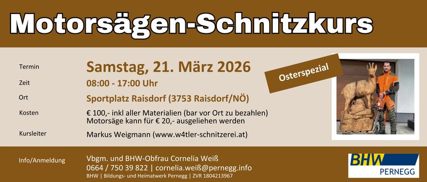An advertisement for the 'Wagen-Schnitz' event on March 21, 2026. Location: Raisdorf, 17:00. Materials can be paid on site. Contact: Cornelia Weiß. Phone: 0 39 822. Email: cornelia.weiß@pernegg.info.