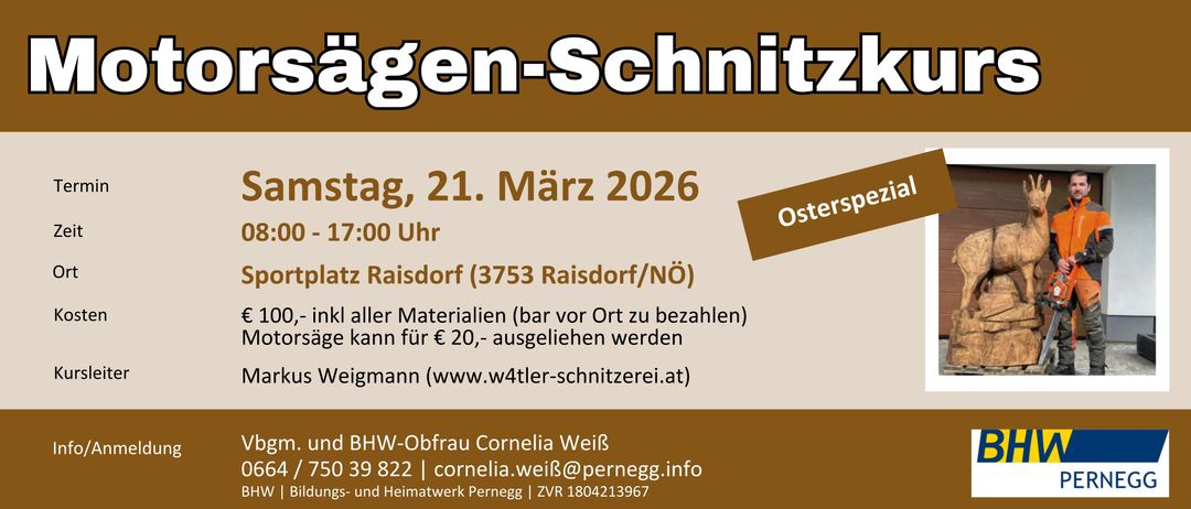 Werbeplakat für die 'Wagen-Schnitz'-Veranstaltung am 21. März 2026. Ort: Raisdorf, 17:00 Uhr. Materialien vor Ort zu bezahlen. Kontakt: Cornelia Weiß. Telefon: 0 39 822. E-Mail: cornelia.weiß@pernegg.info.