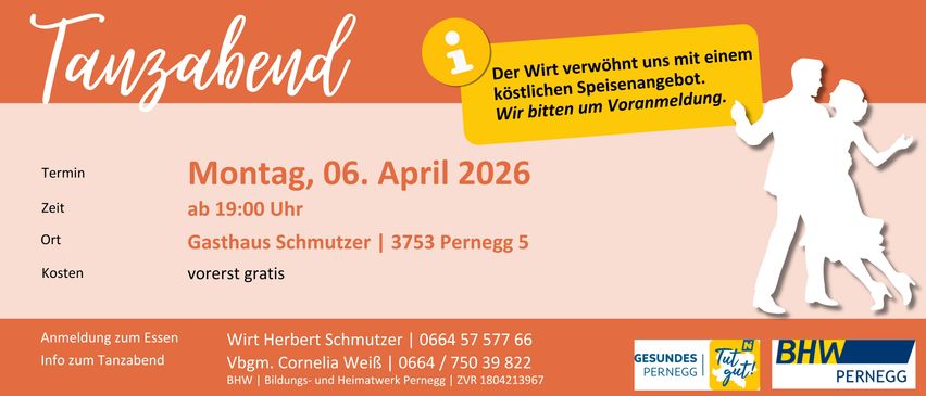 Poster für eine Veranstaltung am 6. April 2026. Es enthält eine Bitte um Reservierung, Kontaktinformationen und eine Adresse. Der Text enthält einen Namen, Telefonnummern und einen Ort. Der Hintergrund ist pfirsich- und orangefarben.