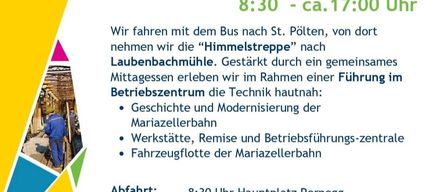 BHW Pernegg lädt ein zur Erkundung der Mariazellerbahn, eine Verbindung von Tradition und moderner Bahntechnologie. Veranstaltung am Samstag, 30. Mai 2026, von 8:30 Uhr bis ca. 17:00 Uhr. Mit dem Bus nach St. Pölten, dann mit der 'Himmelsstrepe' nach Launbachmühle. Erleben Sie eine Führung im Betriebszentrum, einschließlich Geschichte, Modernisierung, Werkstätten, Depot und der Fahrzeugflotte der Mariazellerbahn.