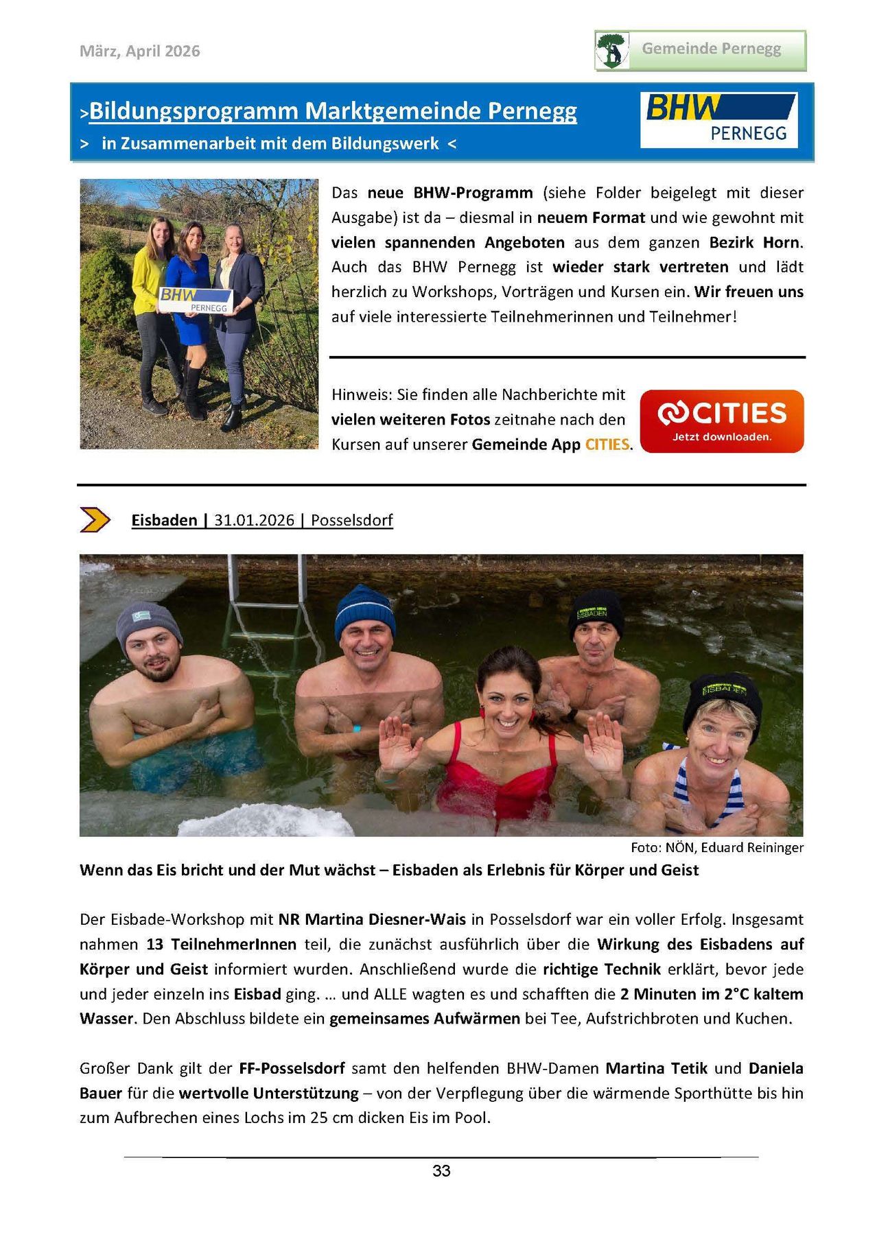 Workshop participants in ice-cold water smiling. The event was held in Posselsdorff with Martina Diesner-Vaisa. The image shows participants in the ice bath.