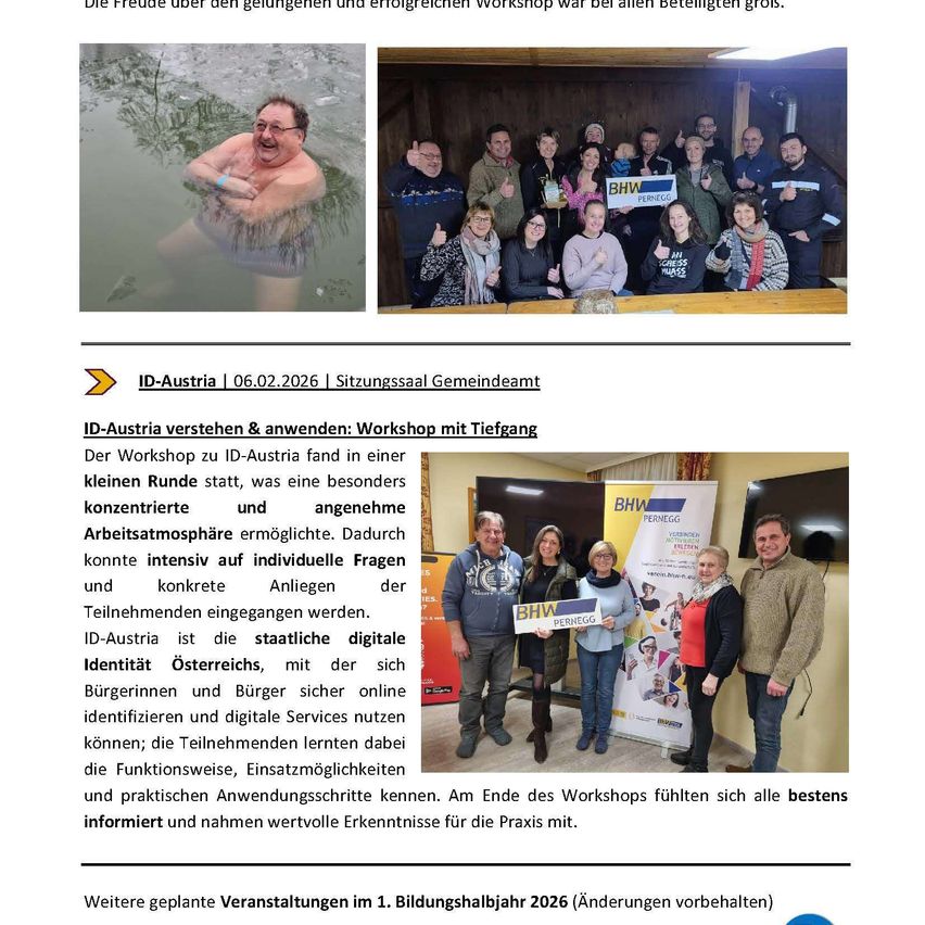 An image with a collage of workshop participants, featuring a smiling man in water, a group photo, and a smaller photo of a group of people with a sign. Text describes an ID-Austria workshop with participants learning about digital identification.