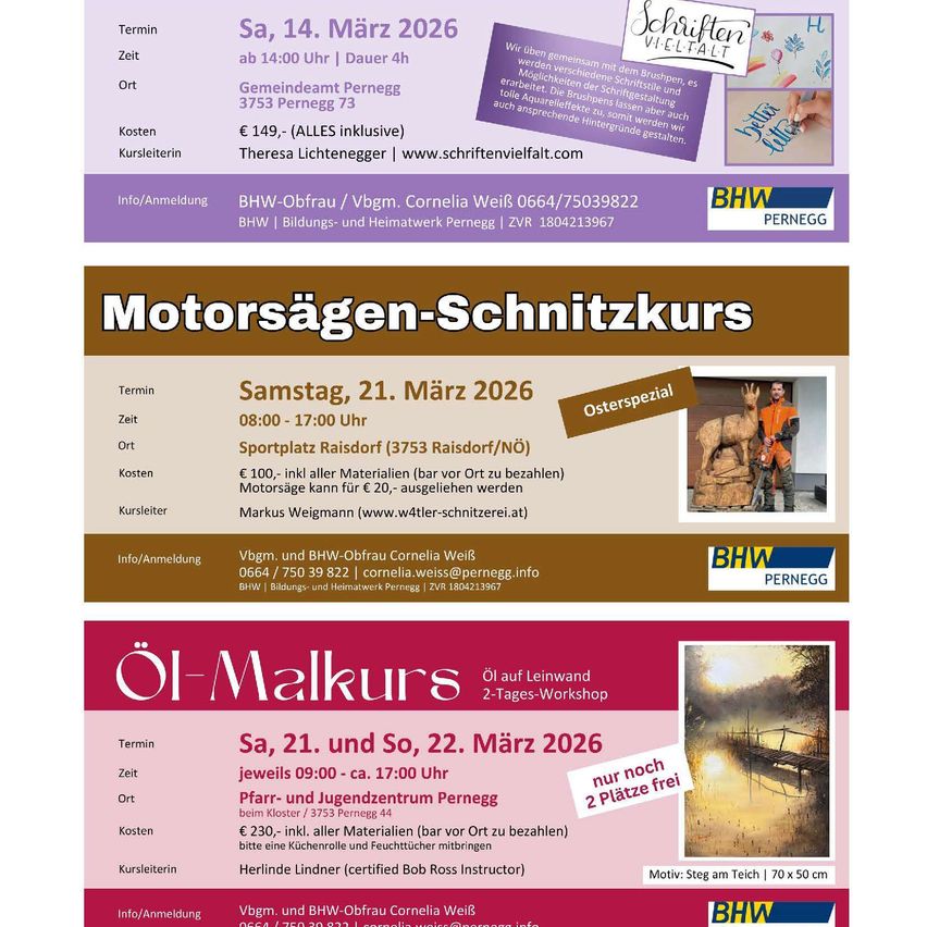 Event flyer with three different workshops. Saturday, March 14, 2026, 14:00, Penregg, €149. Saturday, March 21, 2026, 08:00-17:00, Raisdorf, €100. Saturday and Sunday, March 21-22, 2026, 09:00-17:00, Penregg, €230. Contact: Cornelia Weiß, BHW.