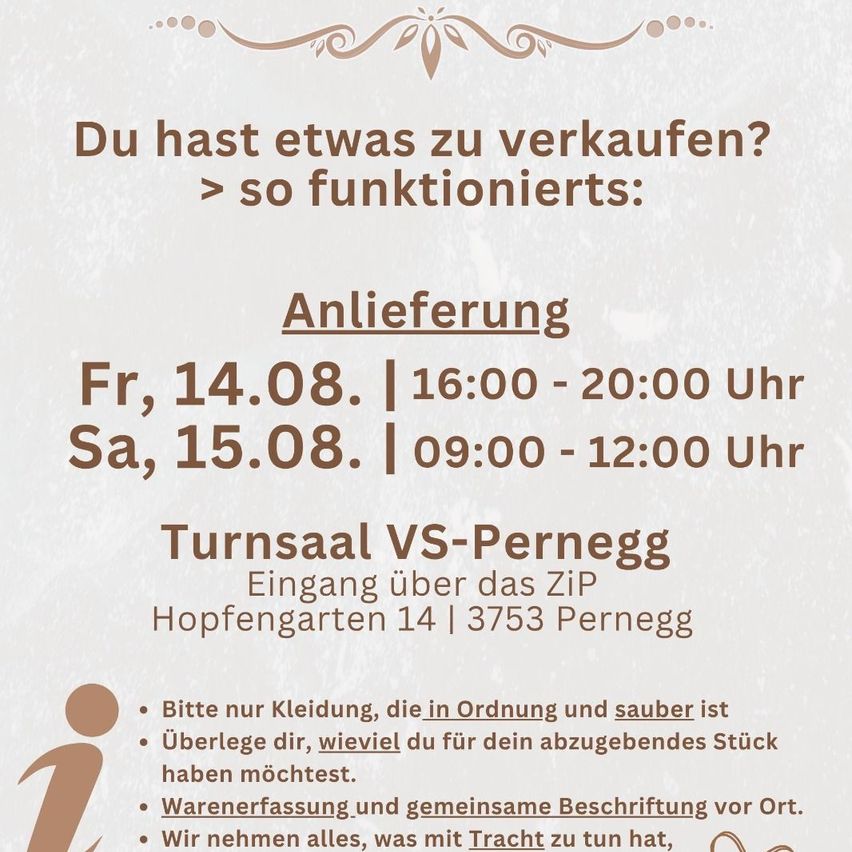 Poster for a clothing sale event. It features a list of dates and times, a location, and guidelines for participants. The poster has a vintage aesthetic.