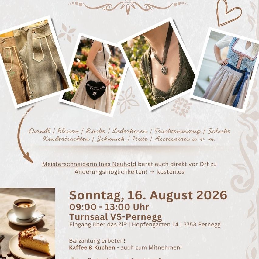 An advertisement for a clothing alteration event on August 16, 2026, featuring various clothing items and a coffee cup with cake. The event is hosted by Meisterschneiderin Ines Neuhold and offers free alteration services.