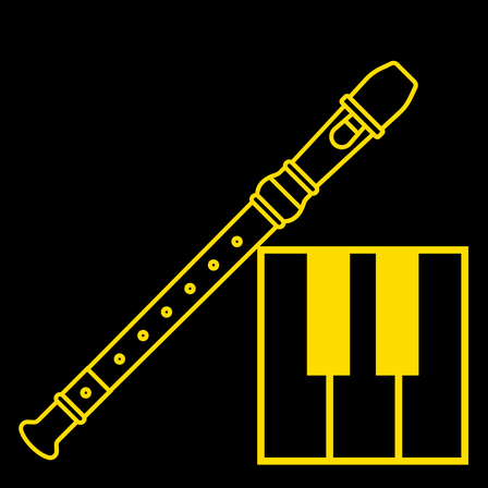 Illustration eines Blockflöten und eines Klavierschlüssels, beide gelb auf schwarzem Hintergrund.
