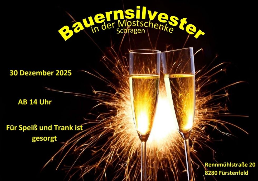 Plakat für das Bauernsilvester-Event in Mostschenke Schragen im Dezember 2025. Zwei Champagnerflöten mit einem funkelnden Feuerwerkshintergrund. Der Text verspricht, dass Essen und Getränke bereitgestellt werden.