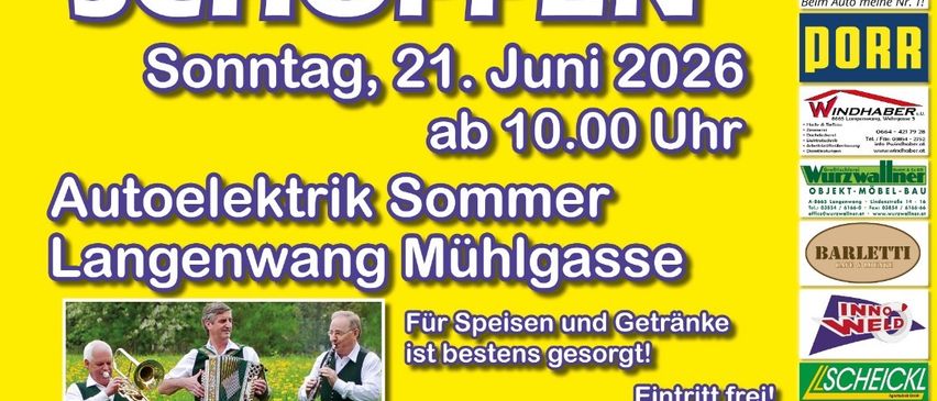 A flyer advertises a shopping event on Sunday, June 21, 2026, from 10:00 AM. It features Autoelektrik Sommer, a local business, and Langenwanger Edler Musi, a band. The flyer includes images of musicians and a bicycle. Entry is free.