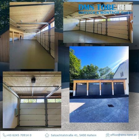 Eine Collage aus vier Bildern, die eine Garage mit Holzpaneelen, eine Person im Flur, eine geschlossene Garagentür und ein Haus mit Garagentoren unter blauem Himmel zeigt. Kontaktinformationen sind ebenfalls angezeigt.