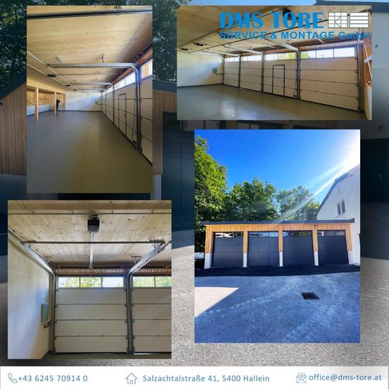 Eine Collage aus vier Bildern, die eine Garage mit Holzpaneelen, eine Person im Flur, eine geschlossene Garagentür und ein Haus mit Garagentoren unter blauem Himmel zeigt. Kontaktinformationen sind ebenfalls angezeigt.