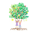 Illustration von zwei Kindern, die sich an einem Baum mit verschiedenen farbigen Blättern und Sternen festhalten.