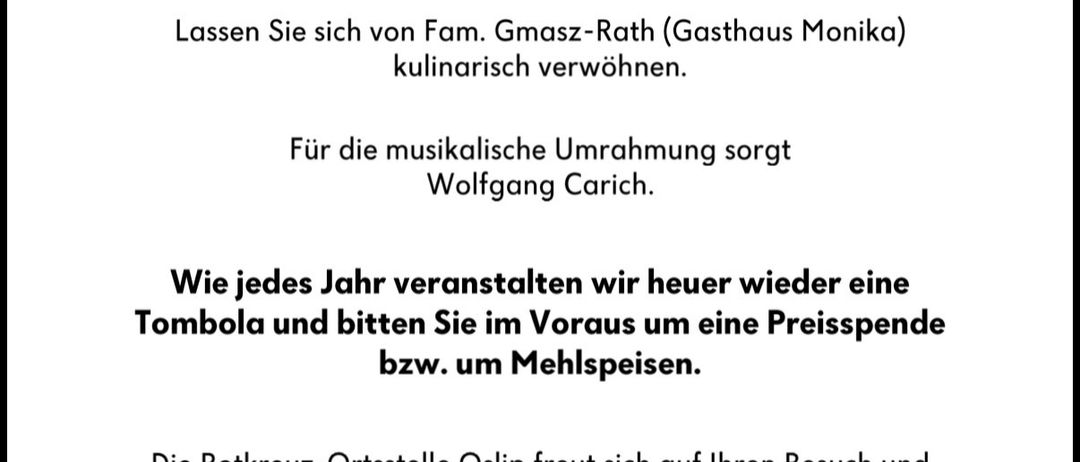 Rotkreuzfest am 7. Juni 2026 nach der heiligen Messe im Pfarrheim Osiip. Wolfgang Carich sorgt für die musikalische Umrahmung. Wie jedes Jahr veranstalten wir wieder eine Tombola. Danke für Ihre Unterstützung.