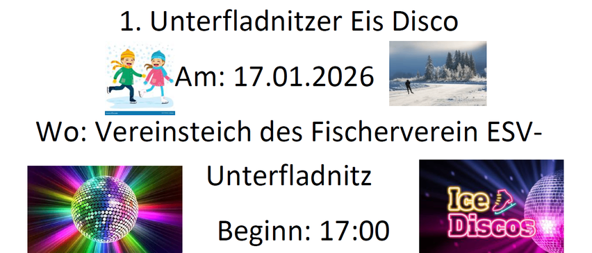 The image contains an announcement for an ice skating event. Date: January 17, 2026. Start time: 5:00 PM. An image shows a snowy landscape with a person skating.