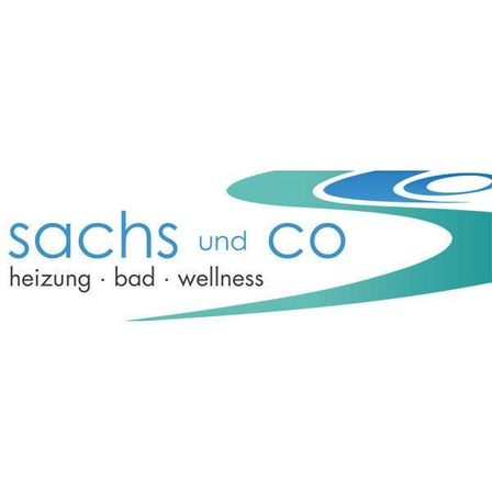 Logo für Sachs und CO, mit dem Text 'sachs und CO heizung bad wellness' und einem blau-grünen Wellendesign.