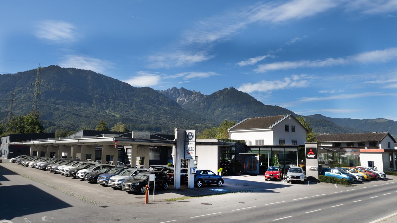 Ein Autohaus mit einer Reihe geparkter Autos vorne, einem Gebirgszug im Hintergrund und einem klaren blauen Himmel.