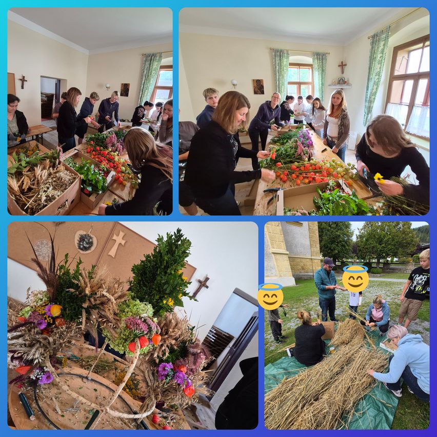 Ein Bildcollage, das Menschen zeigt, die Blumen und Pflanzen in einem Raum anordnen, wobei einige lächeln und andere sich auf ihre Aufgaben konzentrieren.