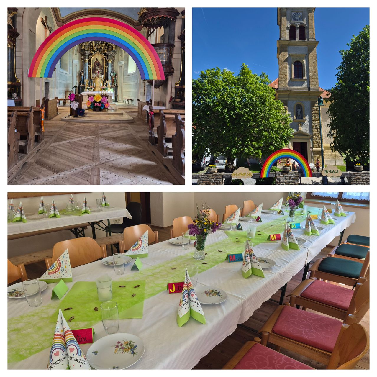 Vier Bilder zeigen eine Kirche mit einem Regenbogen, einem Altar, einem Turm und einen dekorierten Tisch mit Tellern und Blumen.