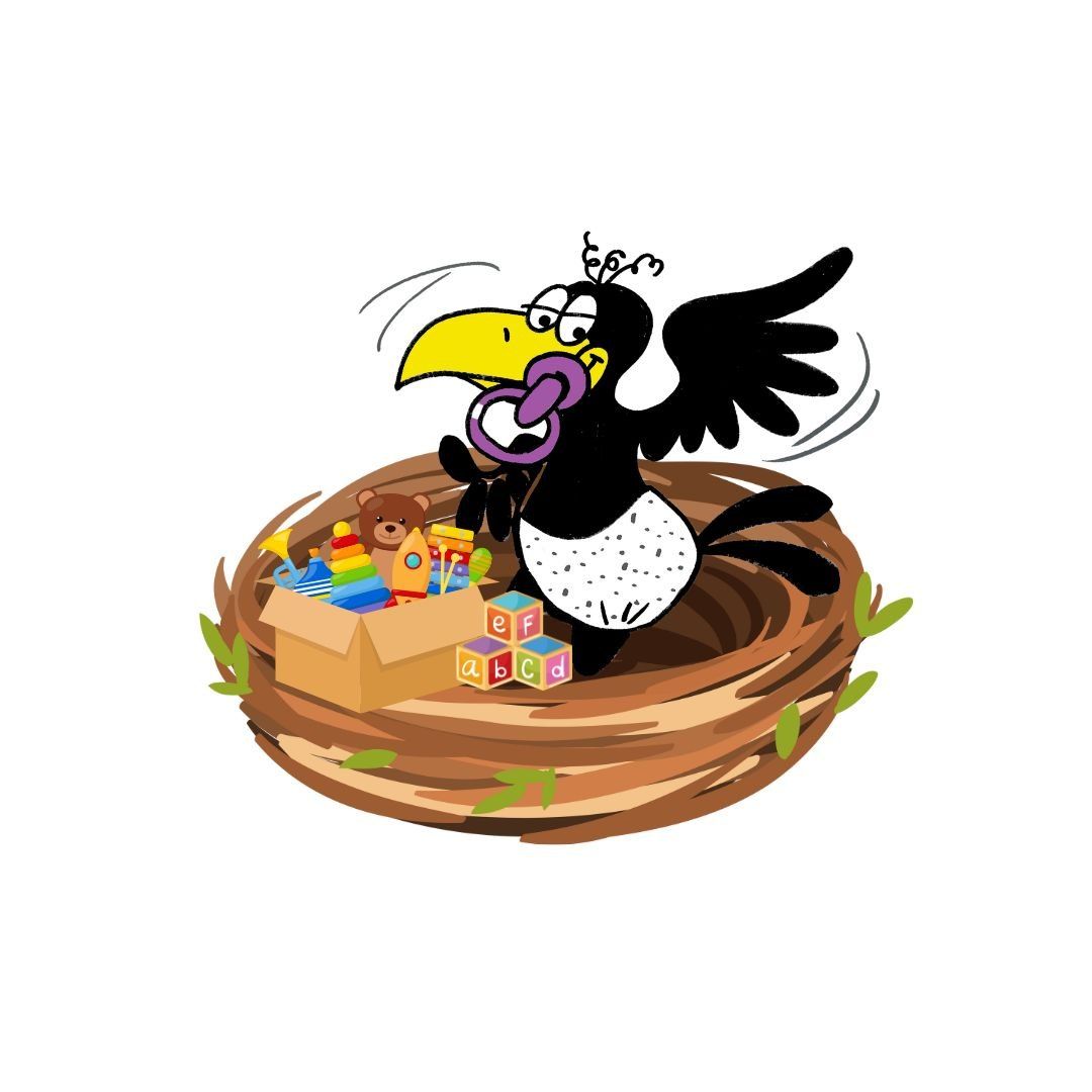 Ein gezeichneter Vogel mit ausgebreiteten Flügeln sitzt in einem Nest voller Spielzeug, darunter ein Teddybär, Bausteine und eine Rakete.