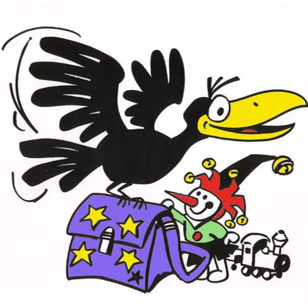 Eine Karikatur einer schwarzen Krähe auf einem lilafarbenen Rucksack mit Sternen und einem Clown neben einer kleinen Lokomotive.
