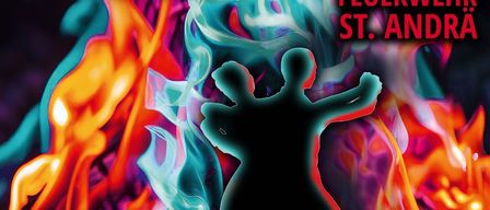 Ein Plakat für den Ball 2026 mit einer tanzenden Silhouette vor einem Feuer. Der Titel 'Mit dem Feuer' ist in Deutsch.