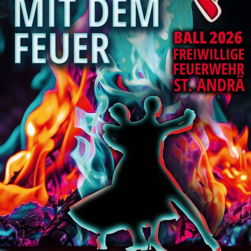 Ein Werbeplakat für Ball 2026 mit einem Paar, das vor einem lebhaften Feuerhintergrund tanzt. Der Text enthält den Titel und den Namen der organisierenden Freiwilligen Feuerwehr.