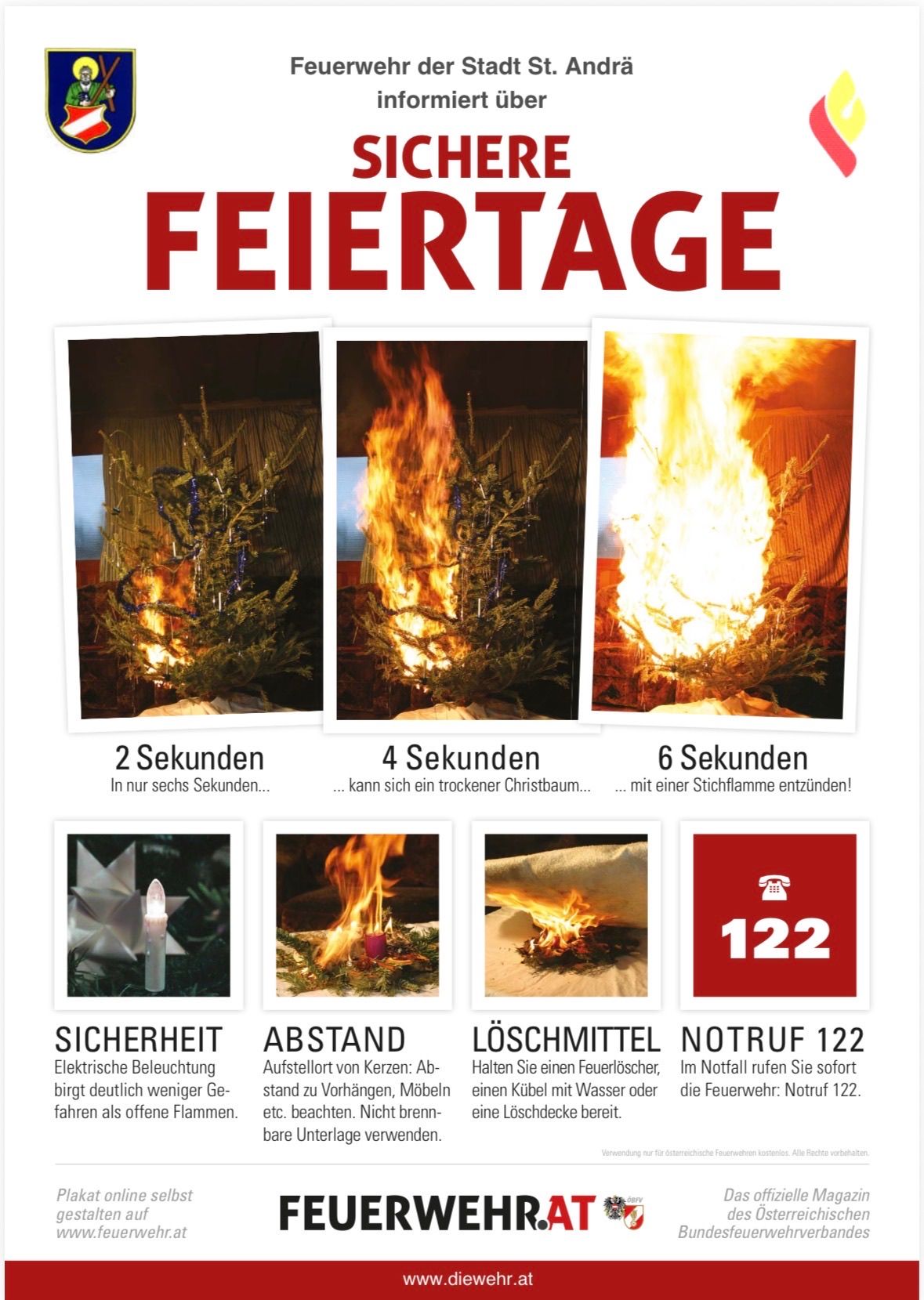 Ein Plakat zeigt Bilder eines brennenden Weihnachtsbaums und betont Sicherheit, Abstand, Löschen und Notfallkontakt. Es zeigt einen brennenden Baum in 2, 4 und 6 Sekunden. Sicherheitstipps umfassen die sorgfältige Verwendung elektrischer Dekorationen. Notfallnummer ist 122.