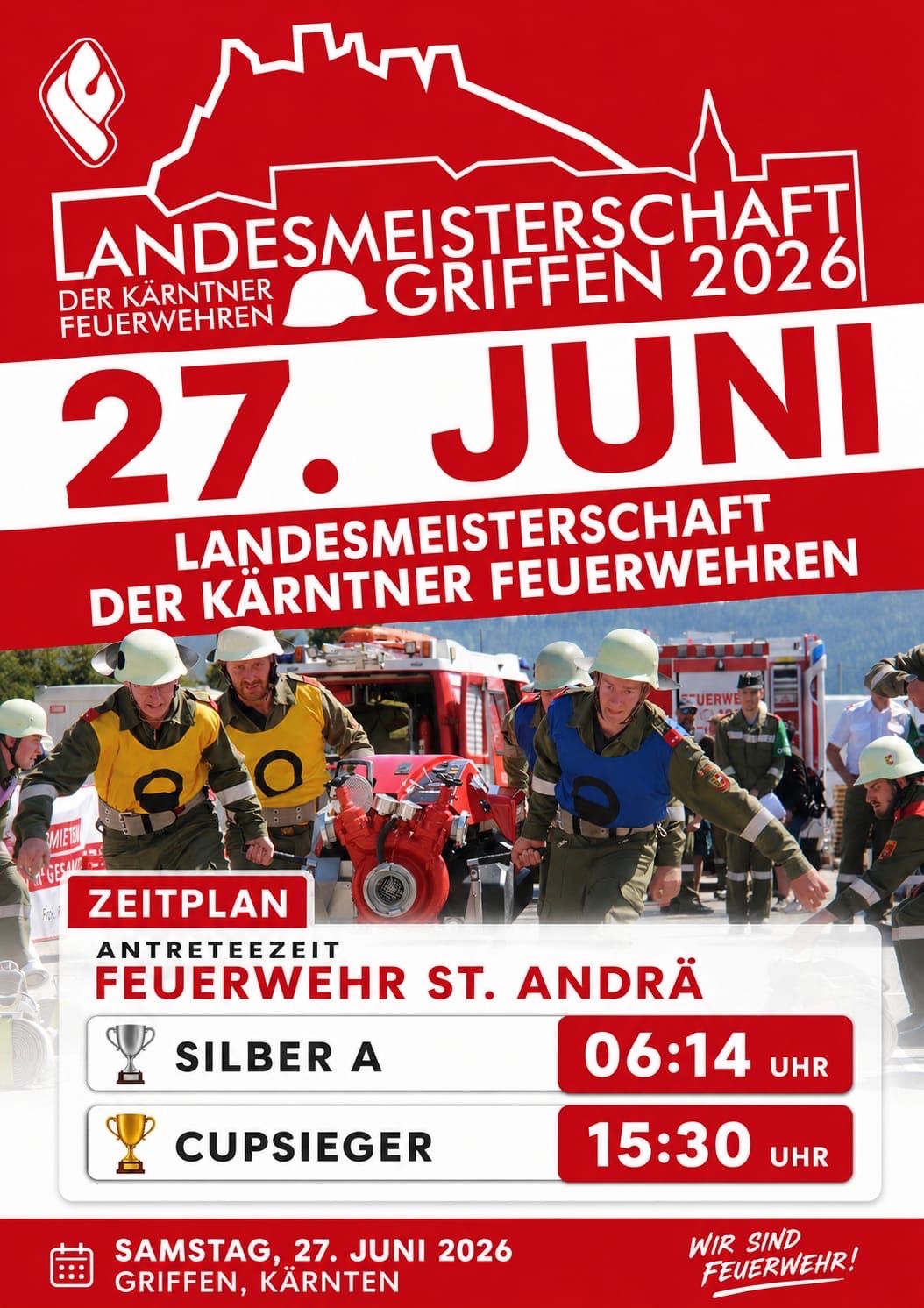 Plakat für die Kärntner Feuerwehrmeisterschaft 2026 in Griffen, mit Feuerwehrleuten in Uniform. Datum: 27. Juni. Veranstaltungszeit: 06:14. Silber A Kategorie.