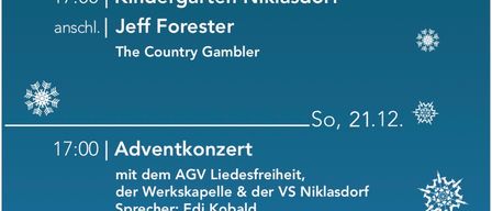 Das Plakat bewirbt ein Adventkonzert in Niklasdorf am 21. Dezember 2025 mit dem AGV Liederfreiheit, der Werkskapelle und der VS Niklasdorf. Die Veranstaltung beginnt um 16 Uhr.