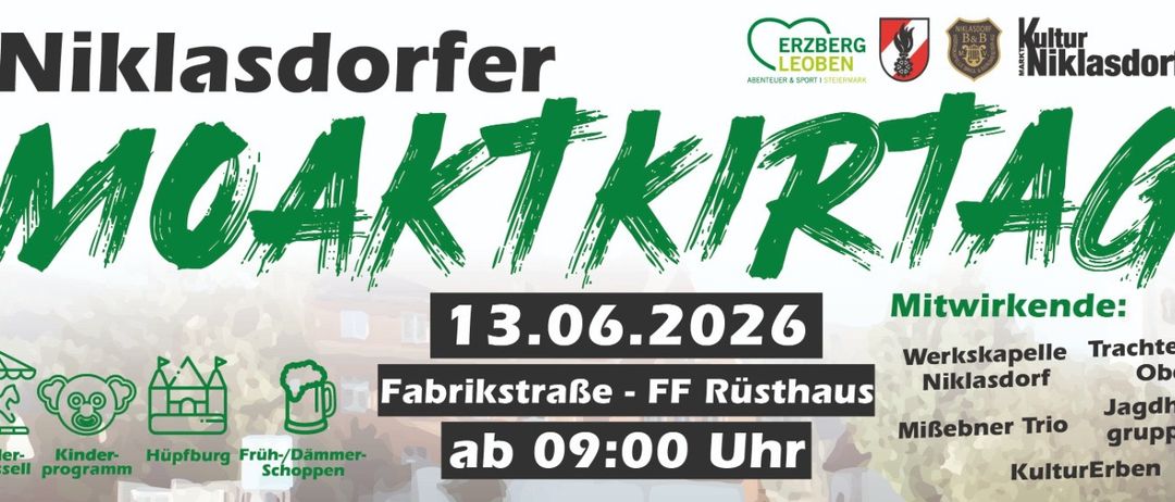 Plakat für Dorfer Aktkirt Veranstaltung am 13.06.2026 in der Fabrikstraße FF Rüsthaus. Beginn um 09:00 Uhr.