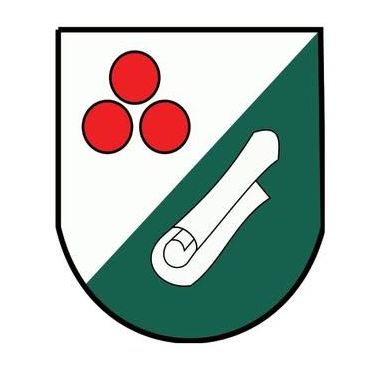 Ein Schild, der diagonal geteilt ist, mit drei roten Kreisen links und einem gerollten Pergament rechts.