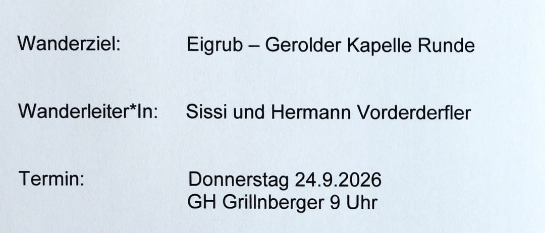 Ein Flyer für eine Senioren-Wandergruppe in Inner Behamberg. Die Wanderung führt von Eigrube zur Gerolder Kapelle Runde. Die Leiter sind Sissi und Hermann Vorderderfler. Der Termin ist Donnerstag, 24. September 2026, Beginn um 9 Uhr bei Grillnberger GH. Die Gehzeit beträgt etwa 1,5 Stunden. Der Treffpunkt ist Jausenstation Eigruberhof. Teilnehmer sollten Wanderstiefel und festes Schuhwerk mitbringen. Die Teilnahme erfolgt auf eigene Gefahr.