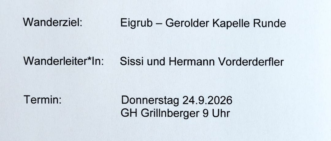 Ein weißer Plakat mit schwarzem Text bewirbt eine Senioren-Wandergruppe. Es enthält Details wie Ziel, Leiter, Datum, Dauer und Treffpunkt. Das Plakat erwähnt auch die Notwendigkeit von Wanderschuhen und festen Schuhen.