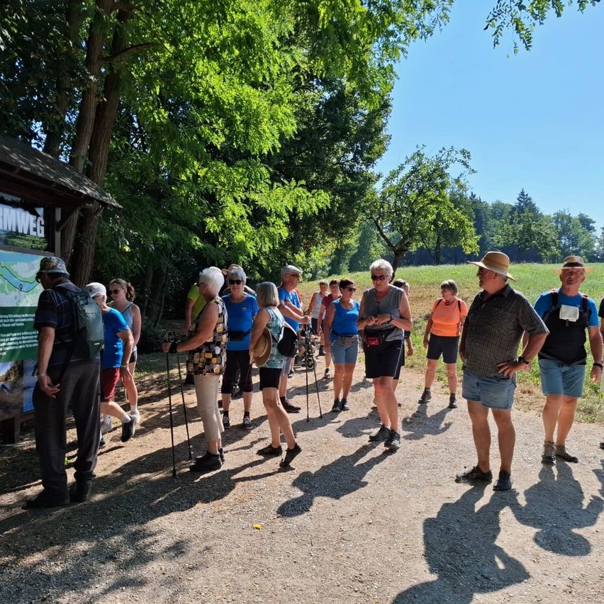 Eine Gruppe von Menschen, die zum Wandern gekleidet sind, versammelt sich in einem Park, einige mit Rucksäcken und Trekkingstöcken, unter einem klaren Himmel.
