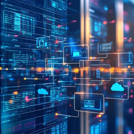 Ein digitales Bild zeigt ein komplexes Netzwerk von miteinander verbundenen Datenknoten und Cloud-Symbolen, die Datenfluss und Cloud-Computing hervorheben.