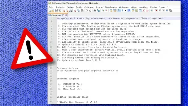 Ein rotes Dreieck mit Ausrufezeichen befindet sich auf einem blauen Hintergrund. Das Bild zeigt ein Fenster mit einer geöffneten Textdatei, die eine Liste von Sicherheitsverbesserungen und Fehlerbehebungen enthält.