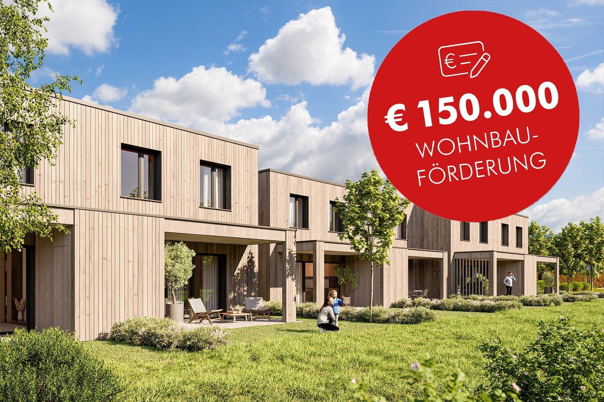 Ein Bild eines modernen Hauses mit einem roten Kreis mit dem Text '150,00 Euro Wohnbeihilfe' oben. Zwei Kinder spielen auf dem Rasen vor dem Haus.