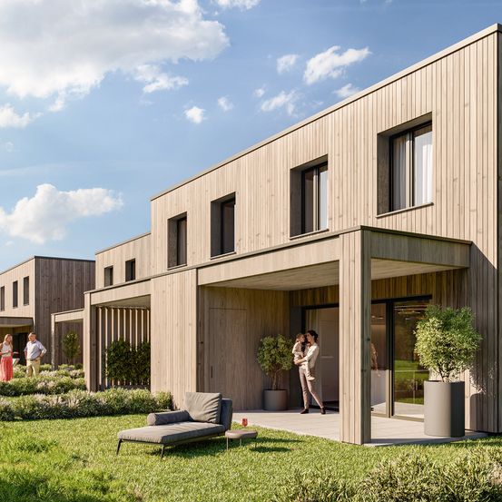 Eine Illustration eines modernen Hauses mit Holzaußengewand, großen Fenstern und einer Familie außerhalb stehend.